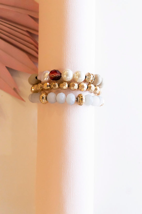 Load image into Gallery viewer, Alex Taupe Layering Bracelet | Wood Pearl Gold Beaded Stack
