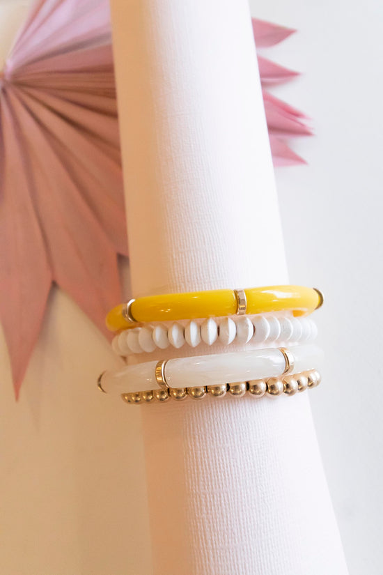 Andrea Bracelet Stack | Yellow Lucite with Gold Beaded Details | Natural Wood Bead Stretch Bracelets | Pisa Beads