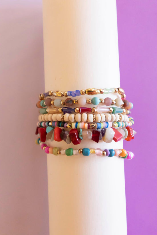 Arianna Multicolor Layering Bracelet | Natural Wood and Pebble Beaded Bracelet Stack