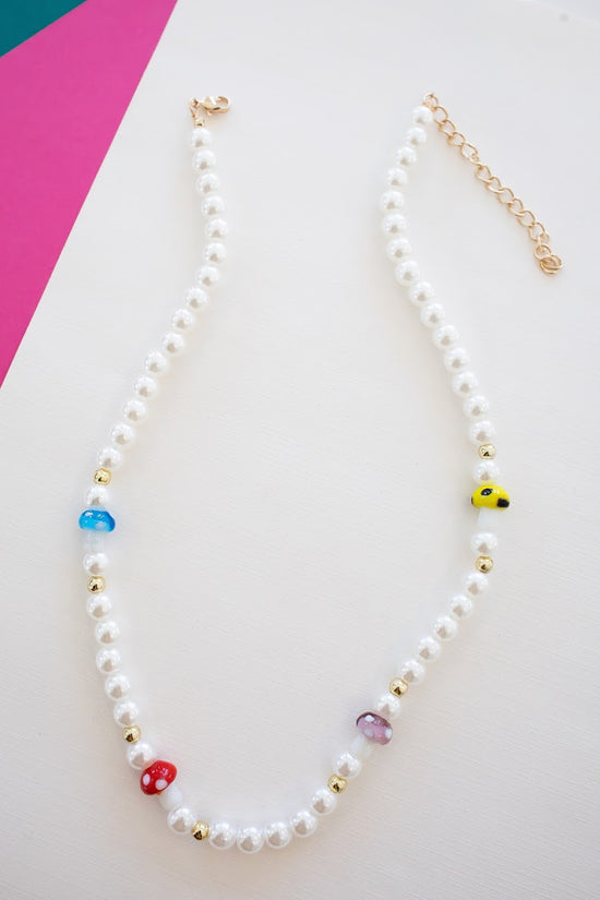 Bitzy Pearl Necklace Strand | Whimsical Toadstool Beads | Quirky Pearl Bead with Colorful Toadstool Charms