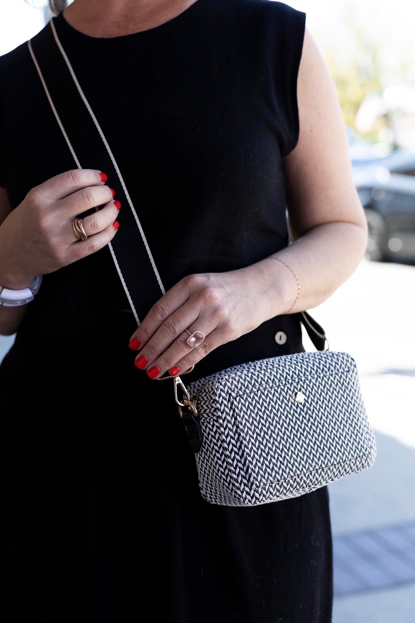 Quinn Boxy Crossbody Bag, Black & White Printed Handbag