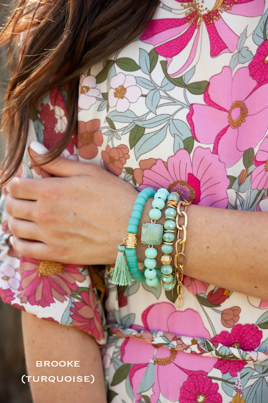 Brooke Turquoise Beaded Bracelet | Layering Bracelet Stacks | Aqua Crystal and Gold Chain Bracelets