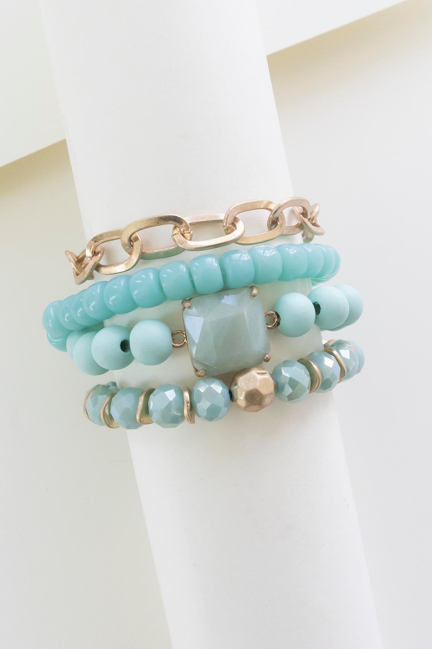 Load image into Gallery viewer, Brooke Turquoise Beaded Bracelet | Layering Bracelet Stacks | Aqua Crystal and Gold Chain Bracelets
