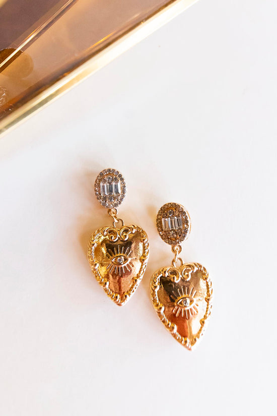 Catherine Ornate Gold Drop Earrings | Special Occasion Earrings | Intricate Gold Heart and Crystal Accents