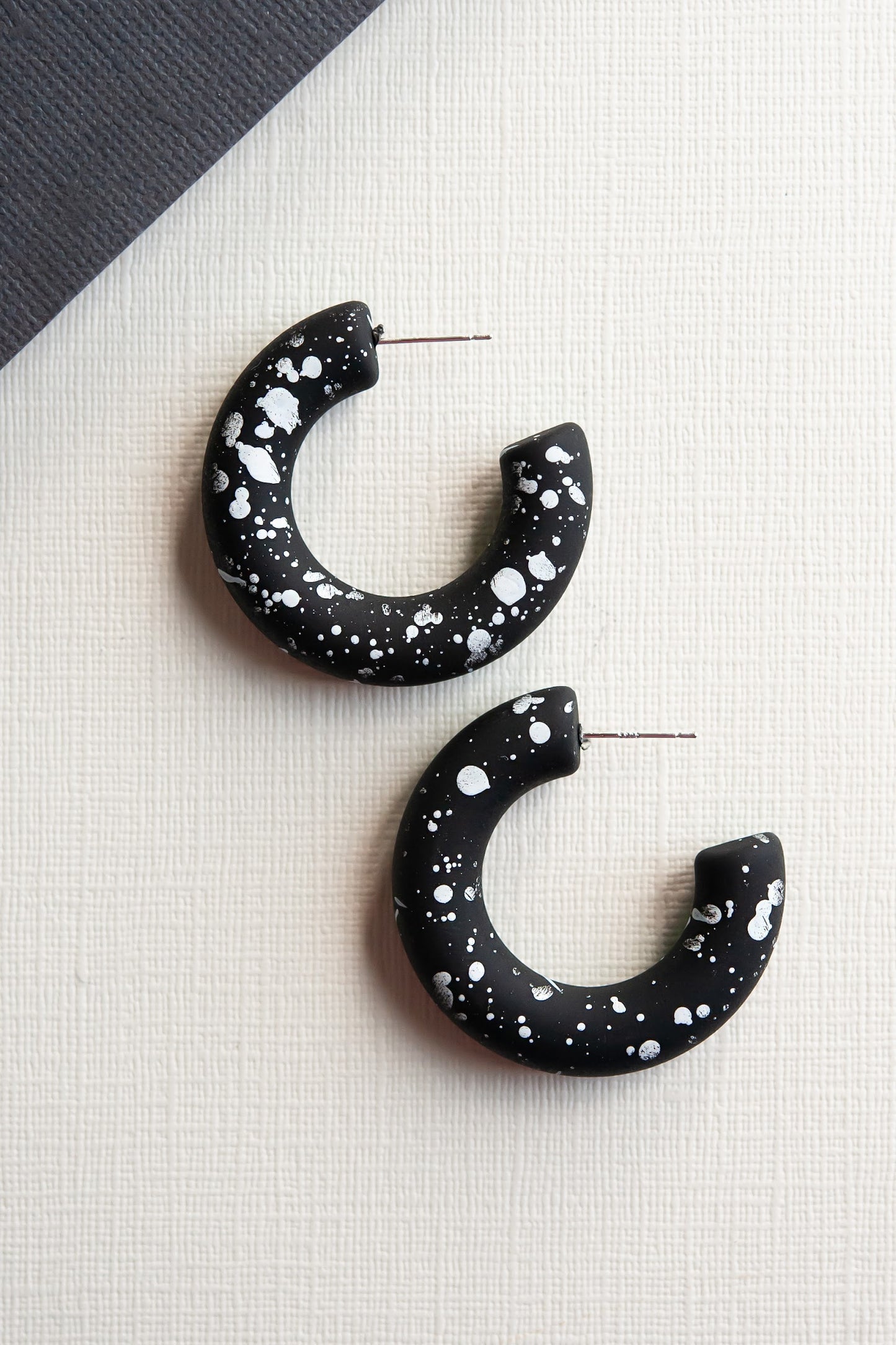 Clay Black Speckle Hoop Earrings | Splatter Painted Clay Hoops | Modern Chic Hoop Earrings