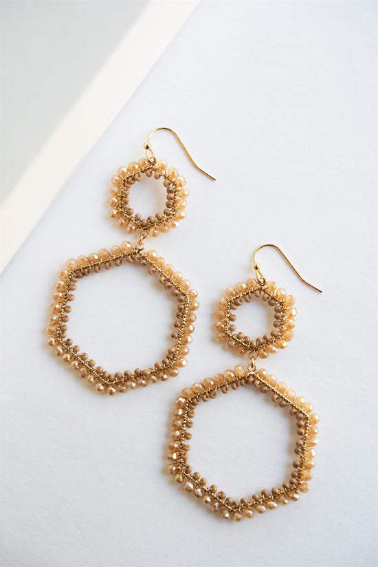Cordea Beaded Sand Earrings | Geometric Crystal and Gold Beaded Drop Earrings | Neutral Accessories