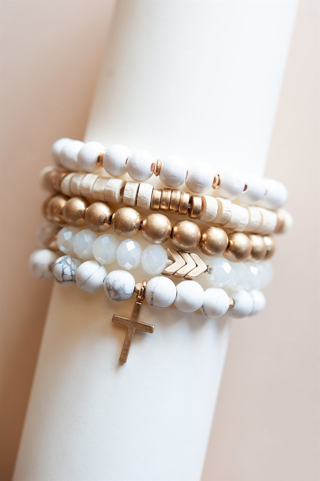 Cross Charm Bracelet Stack | Boho Beaded Layering Bracelets | Crystal Natural Wood Marble Beads