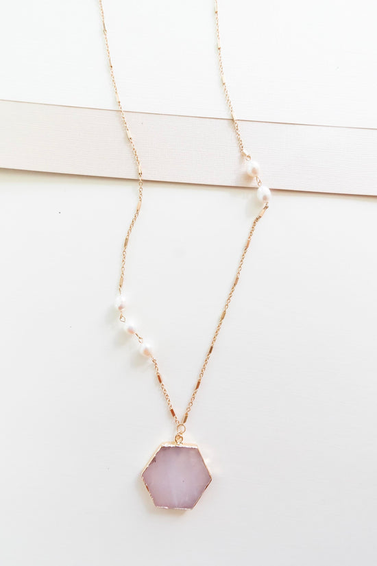 Elenore Lilac Pendant Necklace | Thin Gold Chain with Pearl Details | Lavender Geometric Stone Pendant