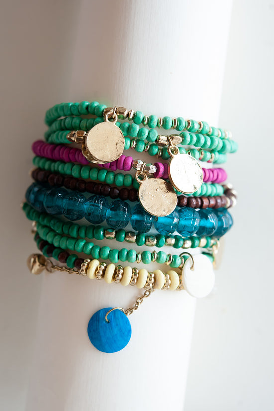 Esmerelda Teal Beaded Bracelet Stack | Layering Beaded Charm Bracelets | Turquoise Magenta and Teal Beads with Gold Charms
