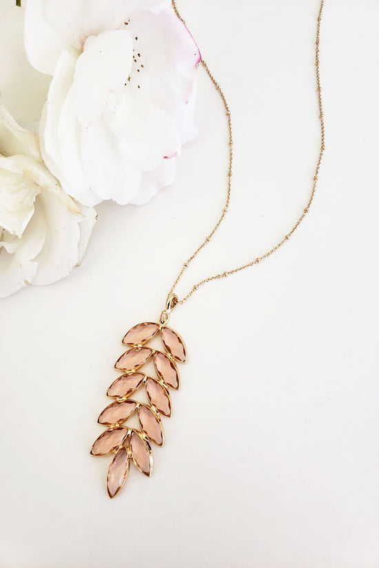 Fern Long Blush Pendant Necklace | Blush Pink Crystals | Floral Gem Pendant | Long Feminine Drop Necklace