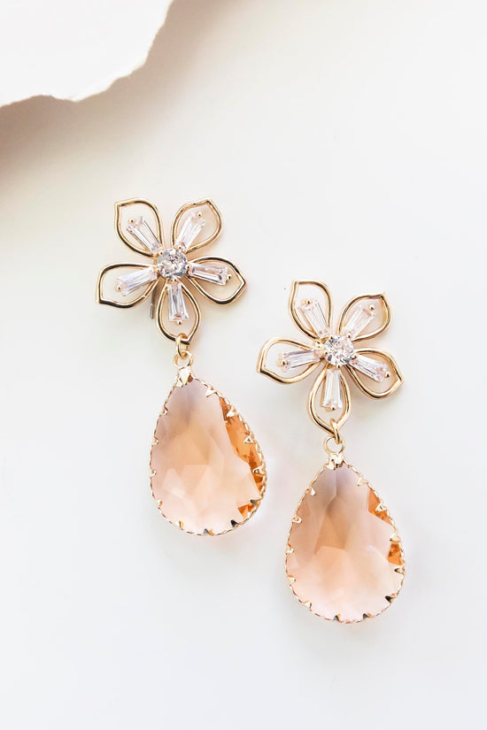 Load image into Gallery viewer, Fleur Crystal Drop Earrings - Peach

