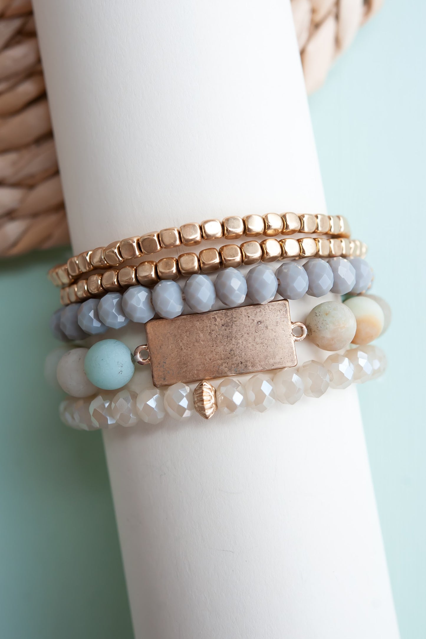 Gabriella Bracelet Stack | Aqua Stone and Crystal Beaded Bracelet Set | Neutral Layering Bracelets