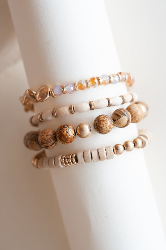 Load image into Gallery viewer, Gail Sandstone Bracelet Set | Stone Beaded Layering Bracelets | Neutral Cream and Sand Beads
