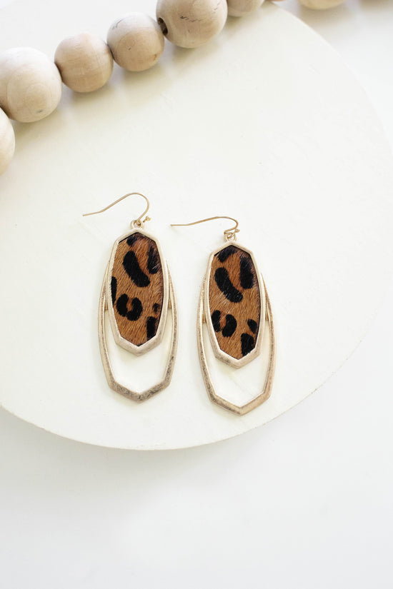 Load image into Gallery viewer, Gina Leopard Art Deco Earrings | Animal Print Drop Earrings | Gold and Vegan Leather Leopard Print
