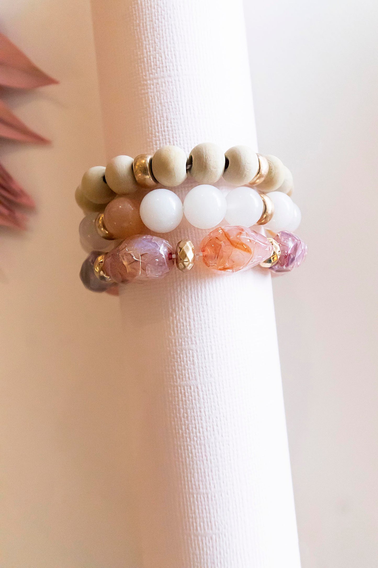 heather blush bracelet stack | layering crystal wood pisa beads