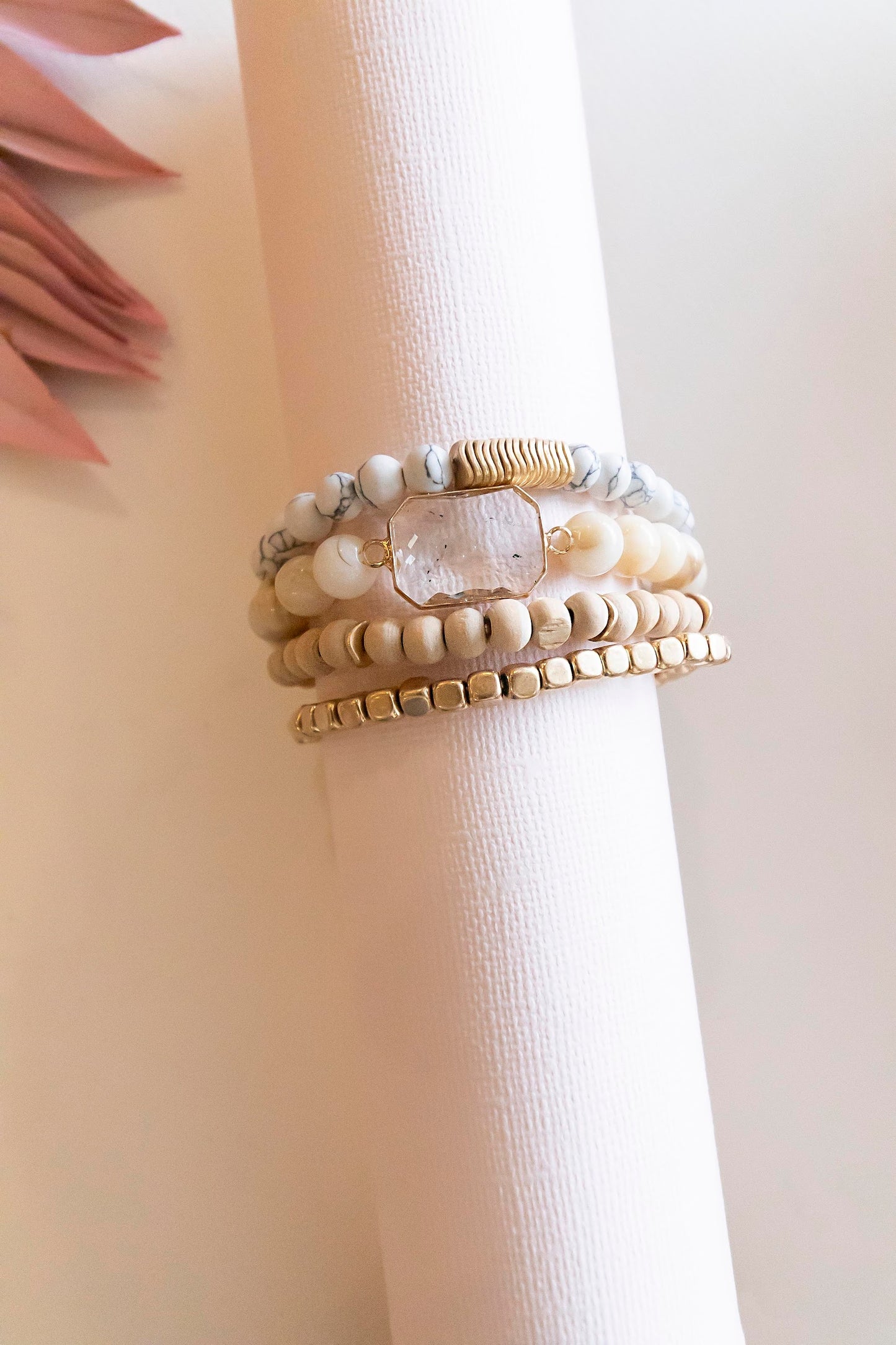 Avery Layering Bracelet | Natural Wood Marble Pisa Beads| Crystal Accent