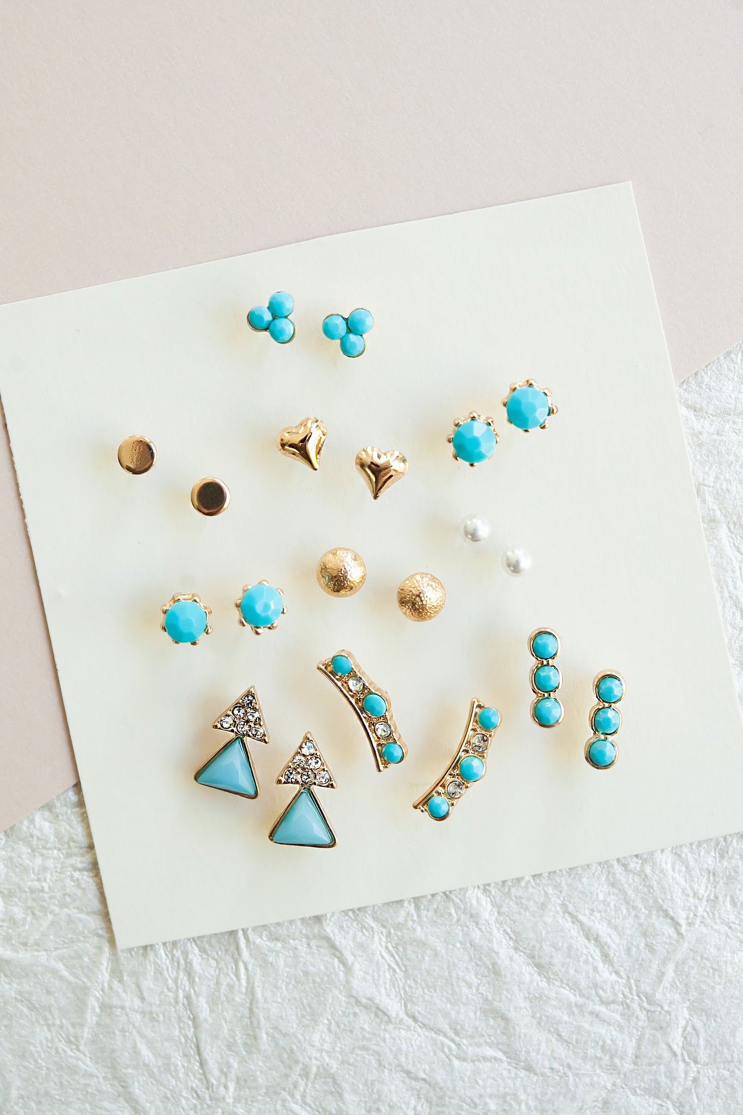 Load image into Gallery viewer, Jasmine Turquoise Stud Earring Set | Mix and Match Layering Studs | Gold Turquoise and Pearl Details
