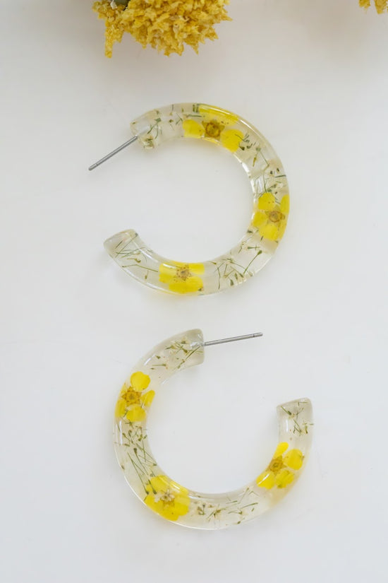 Julie Yellow Daisy  Earrings | Lucite Hoop Earrings | Spring and Summer Style | Floral Resin Artisan Hoops