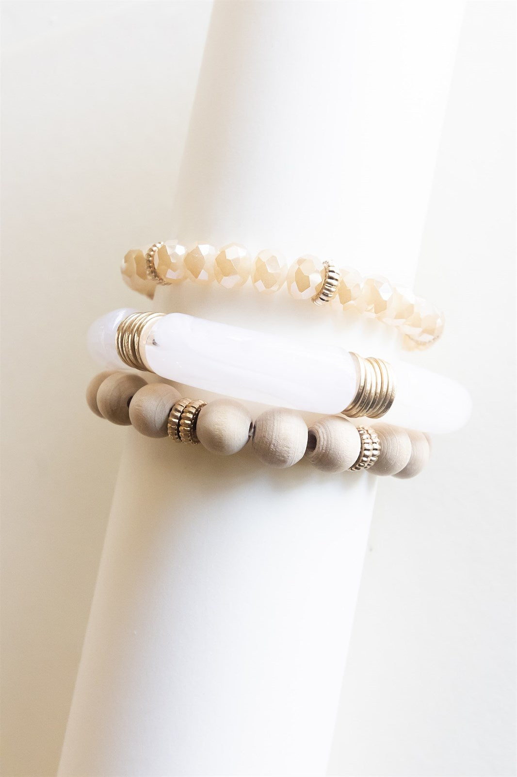 Lilith Bracelet Set | Ivory Lucite with Natural Wood Beads | Gold Disk Details