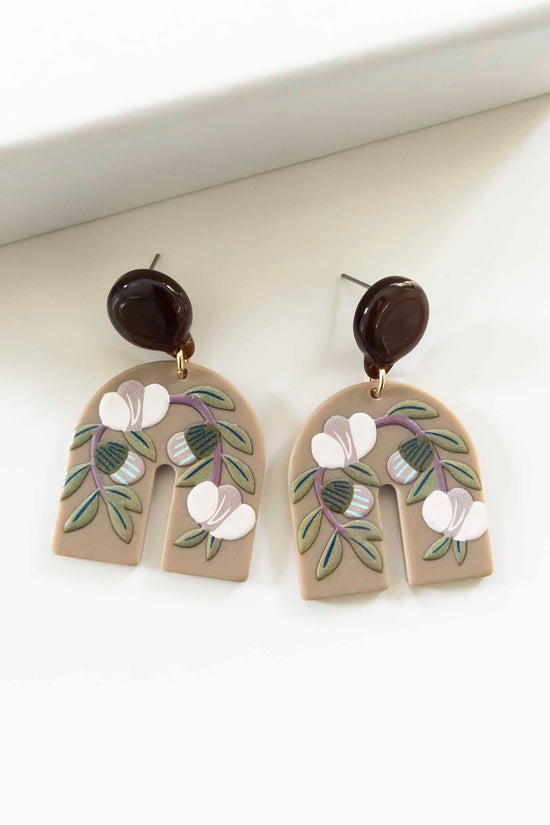 Marcie Taupe Clay Earrings | Art Deco Arch Earrings with Floral Branch Details | Neutral Clay Earrings