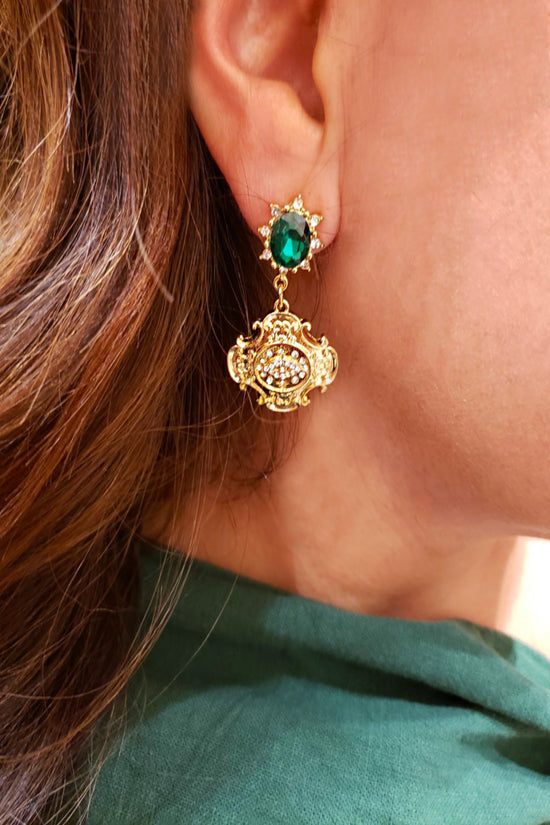 Mary Emerald and Gold Drop Earrings | Royal Ornate Gold Embossment with Oval Emerald Gemstone | Everyday and Formal Occasion Earrings | Wedding Season Jewelry