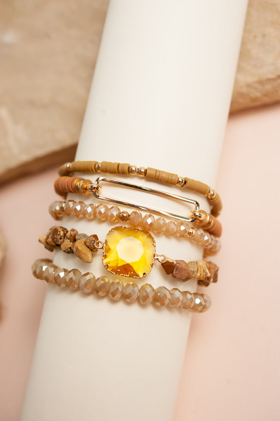 Melinda Sandstone Bracelet Set | Sandstone and Champagne Crystal Beads with Yellow Topaz Crystal Accent | Beaded Layering Bracelets