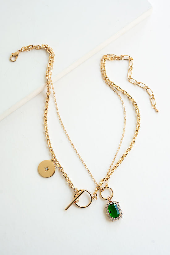 Load image into Gallery viewer, Mia Emerald Layering Necklace | Gold and Emerald Green Charm Necklace | Gold Layering Chains
