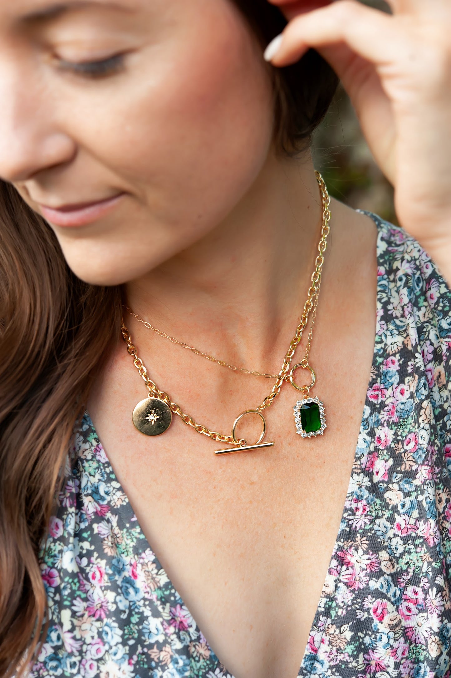 Load image into Gallery viewer, Mia Emerald Layering Necklace | Gold and Emerald Green Charm Necklace | Gold Layering Chains
