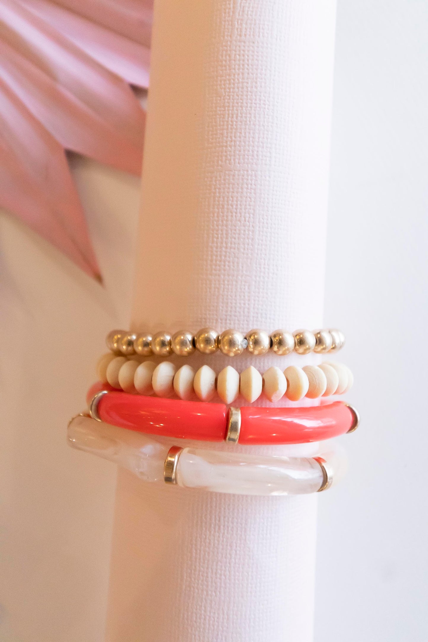 Andrea Bracelet Stack | Coral Pink Lucite with Gold Beaded Details | Natural Wood Bead Stretch Bracelets | Pisa Beads