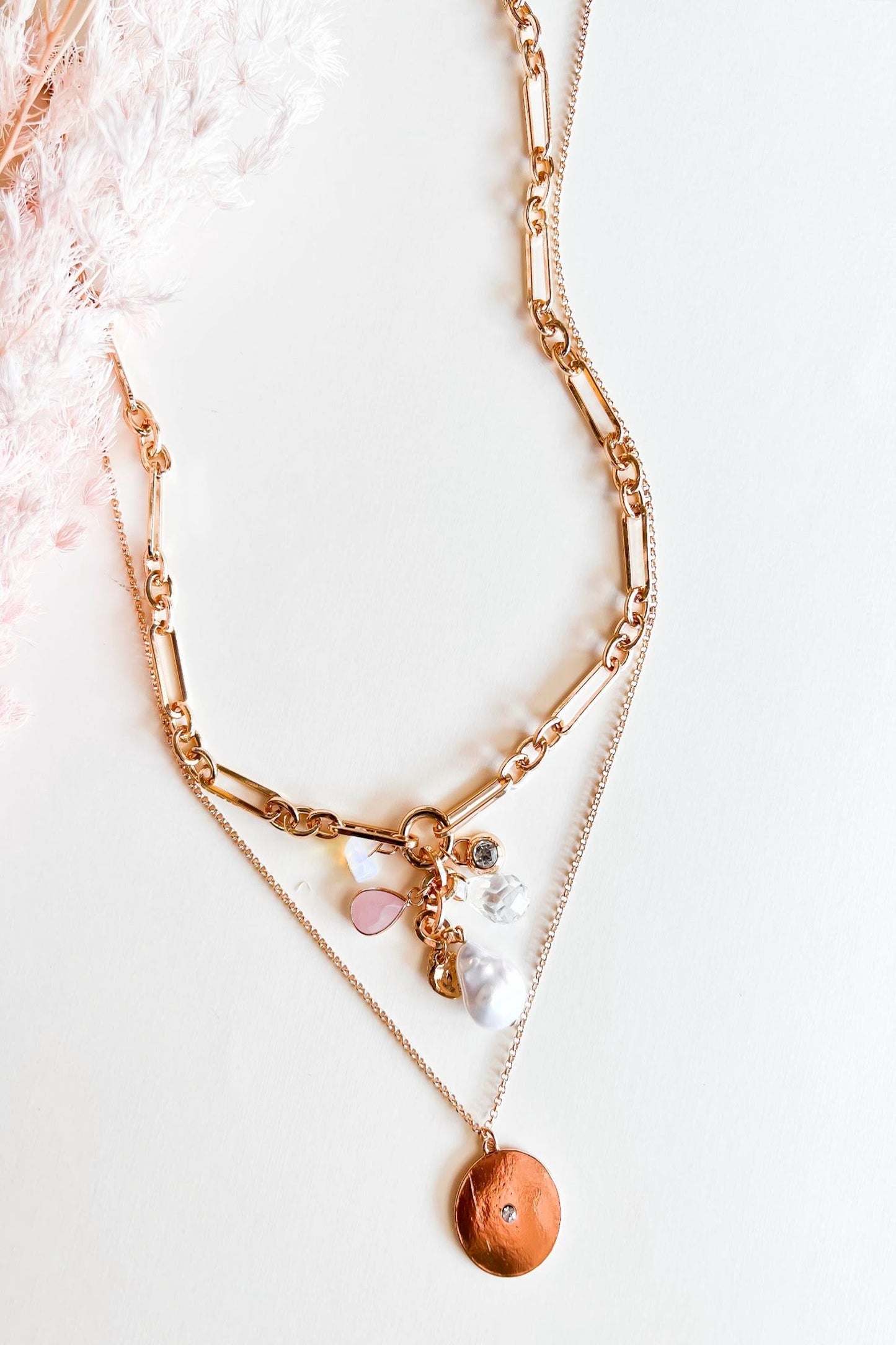 Natalie Layered Charm Necklace | Gold Chains with Pearl Pink and Gold Charms | Two Tiered Long Layering Chain Necklace