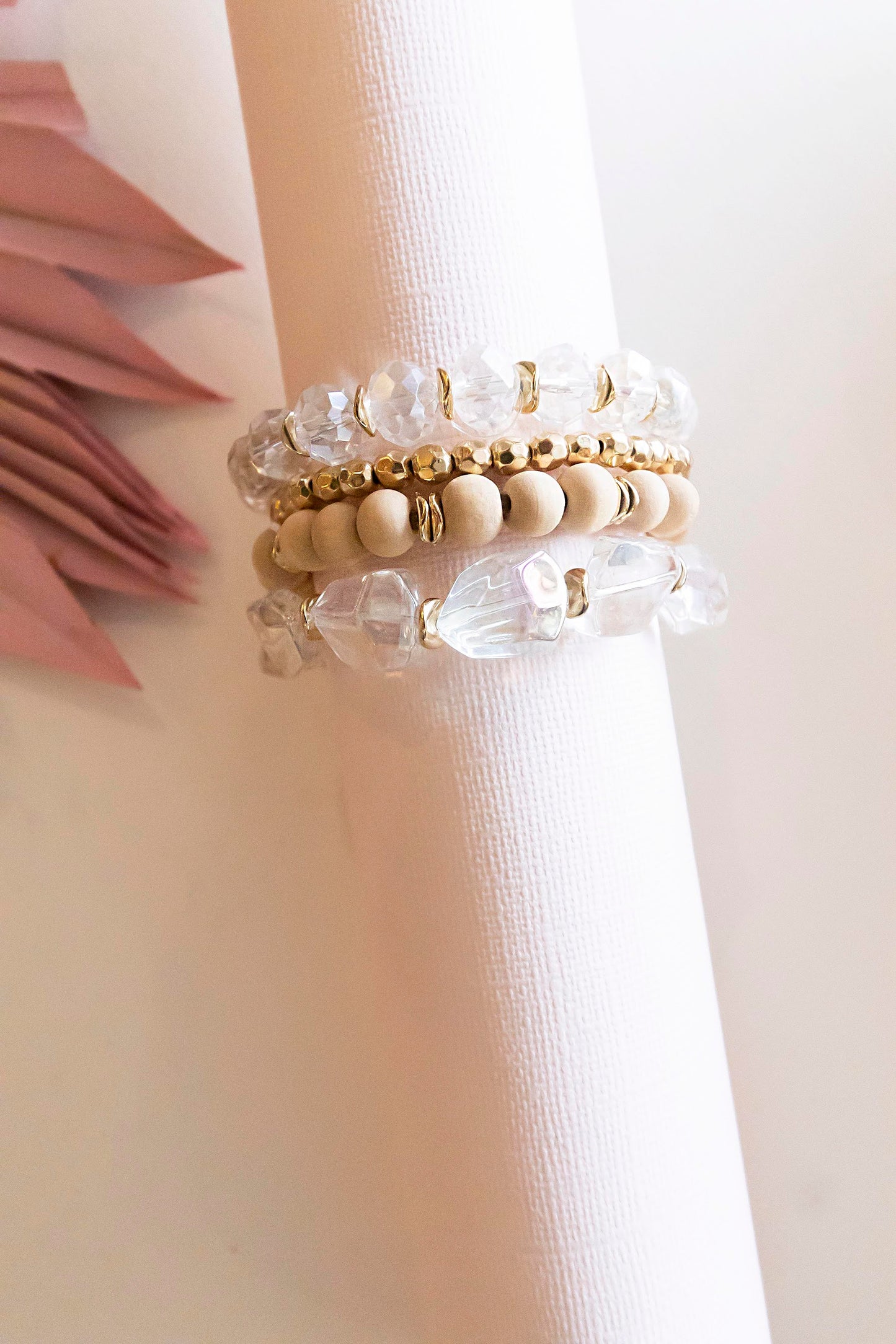 Odette Crystal Bracelet Set | Clear Crystal and Natural Wood Beaded Bracelets | Neutral Layering Bracelets