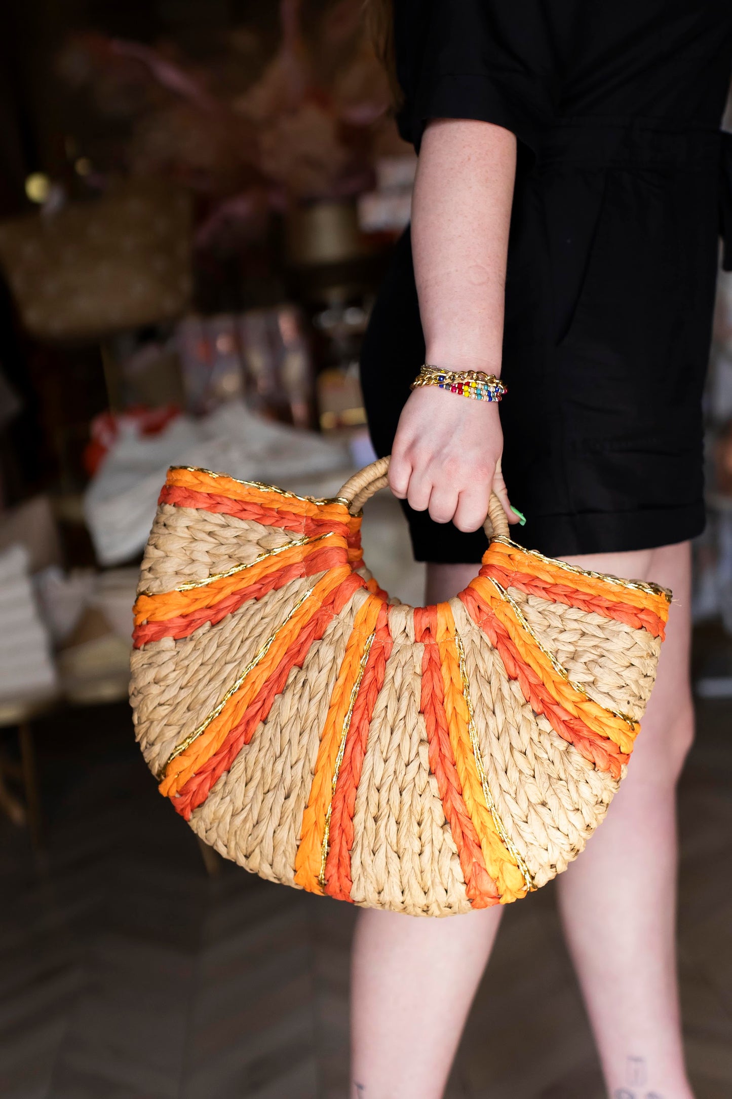 Load image into Gallery viewer, Orange Striped Rattan Basket Tote | Vacation Vibes Handbag | Bamboo Handle Bag
