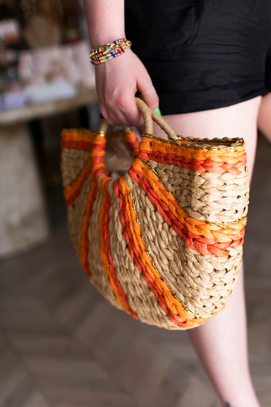 Load image into Gallery viewer, Orange Striped Rattan Basket Tote | Vacation Vibes Handbag | Bamboo Handle Bag
