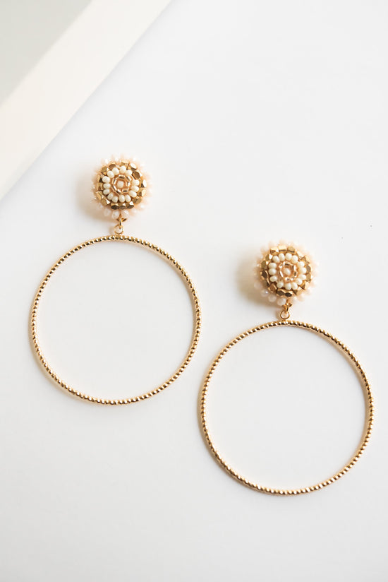 Reagan Gold Hoop Earrings | Cream Beaded Details | Thin Gold Hoops | Minimalist Boho Earrings