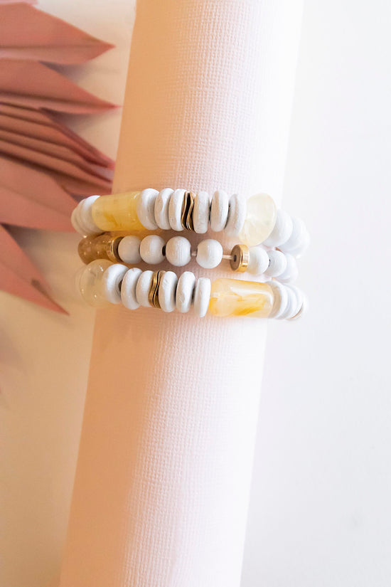 Rebecca Bracelet Stack | Natural Wood with Amber Resin Beads | Stretch Band Pisa Bead Bracelets