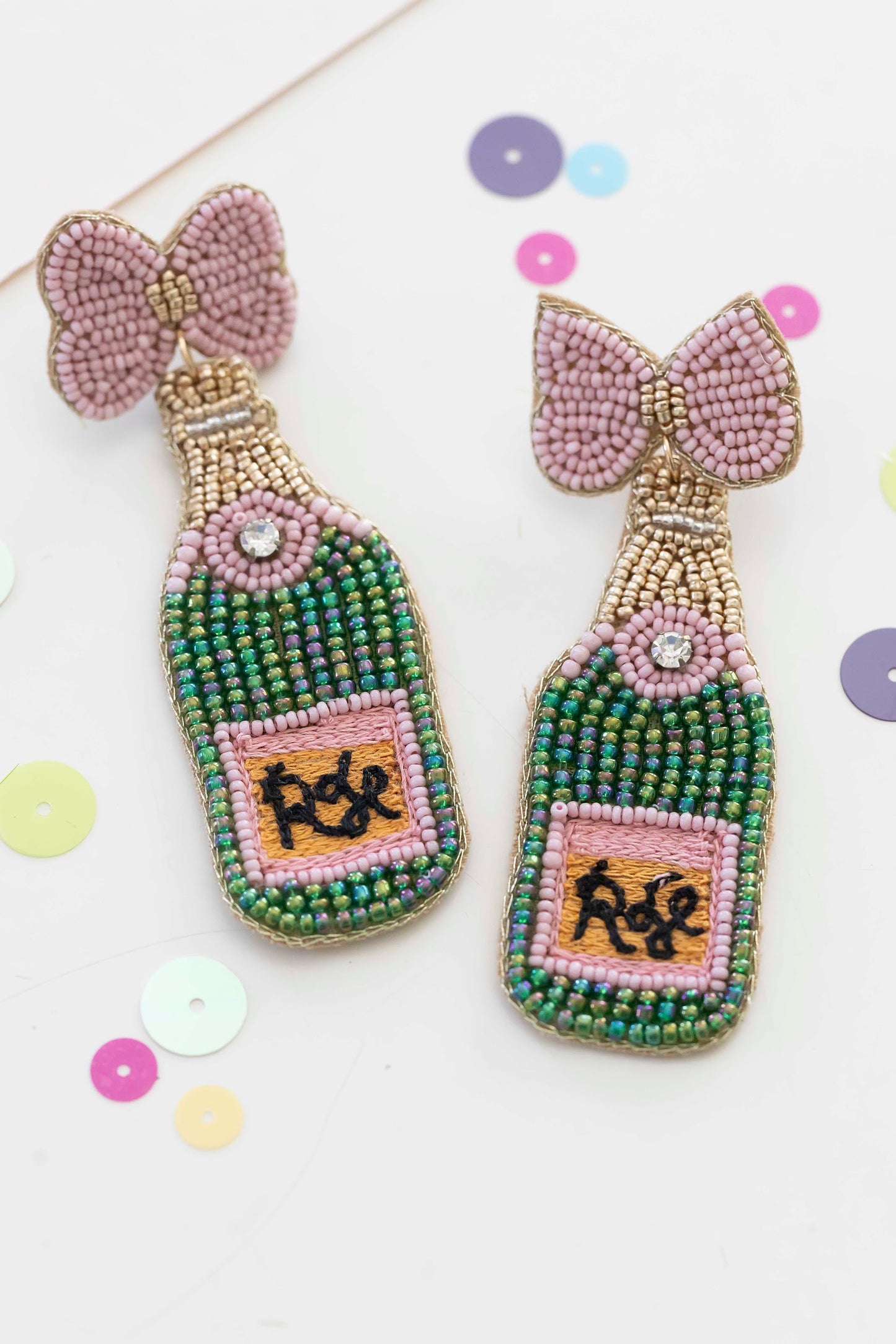 Load image into Gallery viewer, Rose Bottle Beaded Earrings | Handmade Wine Bottle Drop Earrings | Green Bottle with Blush Bow | Party Special Occasion Earrings | Bachelorette Accessories

