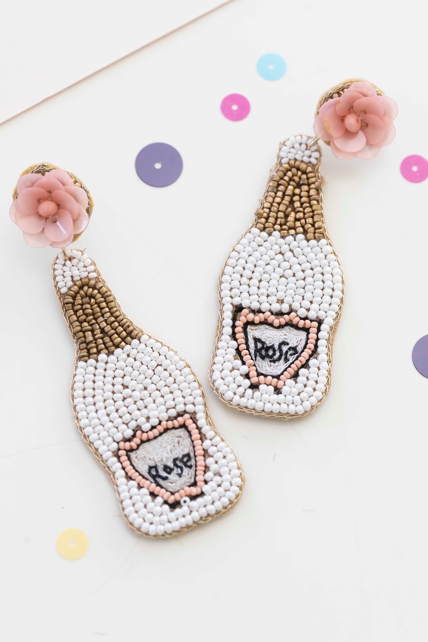Load image into Gallery viewer, Rose Bottle Hand Beaded Earrings | White Rose Bottle Earrings | Special Occasion Wedding and Bachelorette Party Earrings
