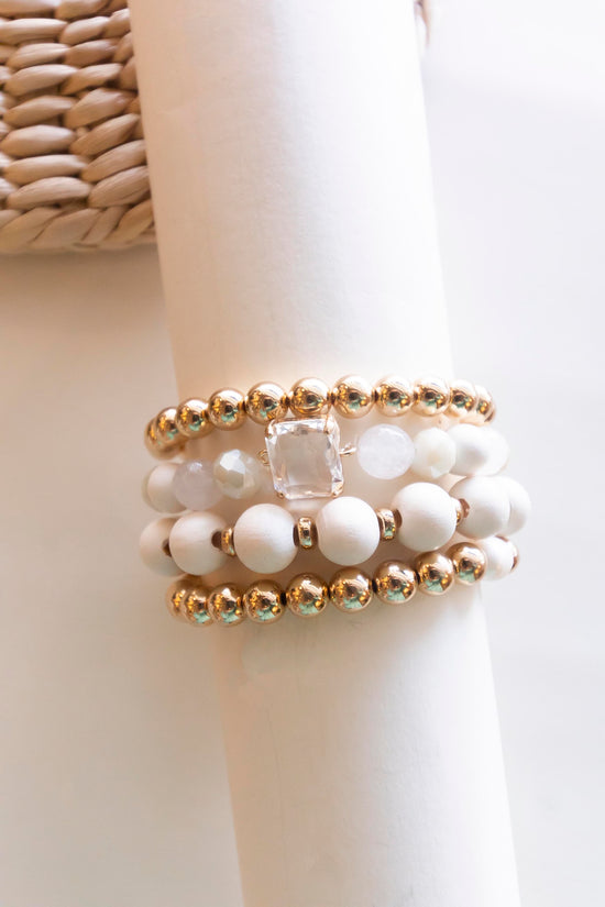 Load image into Gallery viewer, Rosie Cream and Gold Bracelet Stack | Neutral Beaded Layering Bracelets | White Cream and Gold Beads | Clear Crystal Accent
