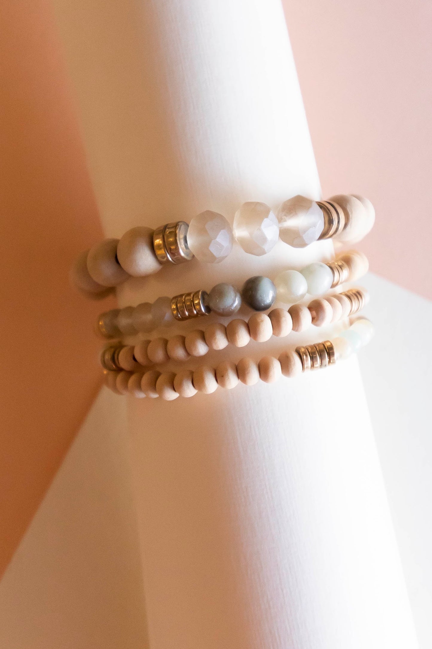 Sarah Natural Wood Bracelet Set | Neutral Wood Stone and Crystal Layering Bracelets | Boho Chic Bracelet Stack