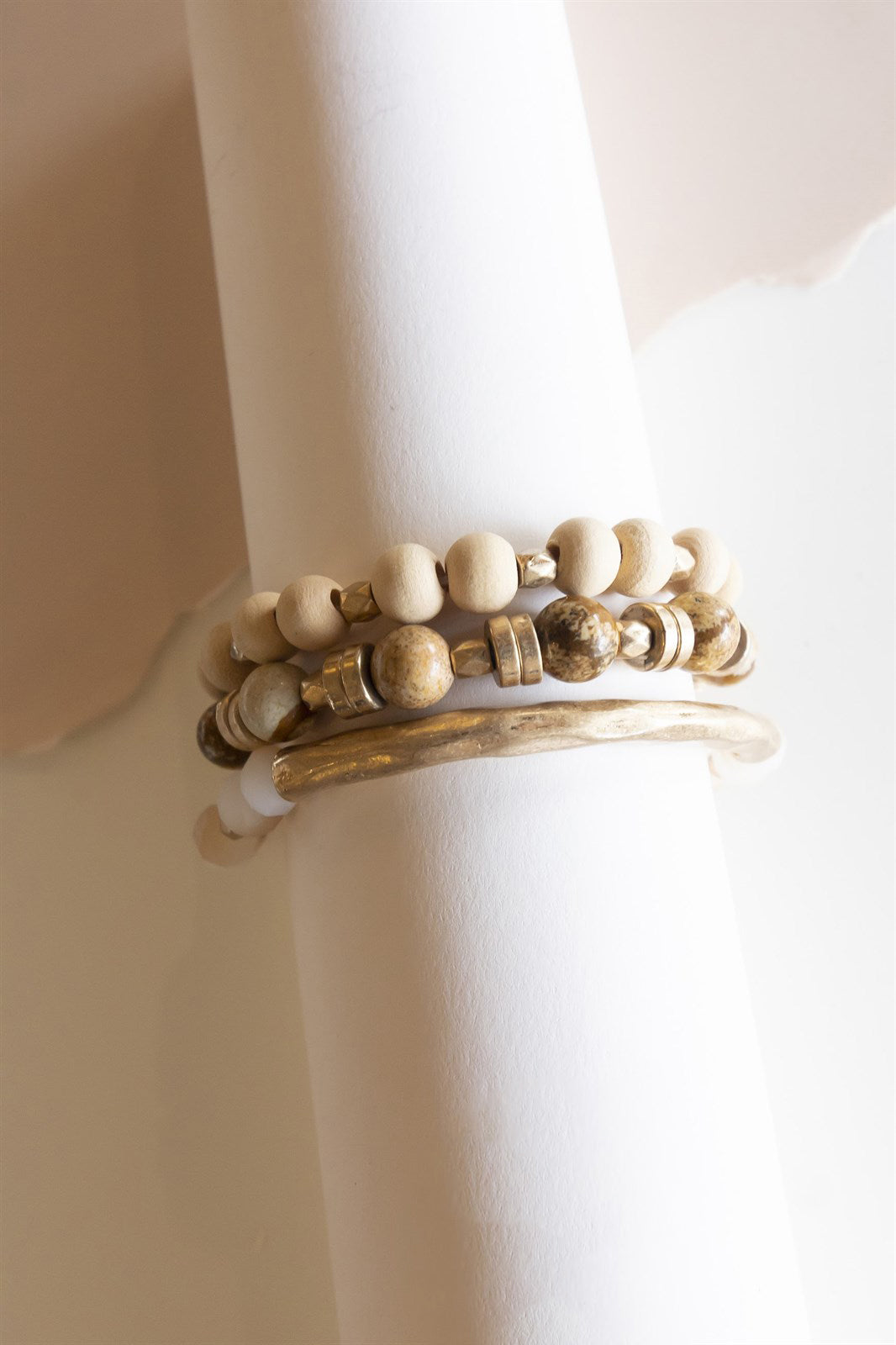 Sasha Wood and Stone Bracelet Stack | Neutral Sandstone Cream and Gold Layering Bracelet