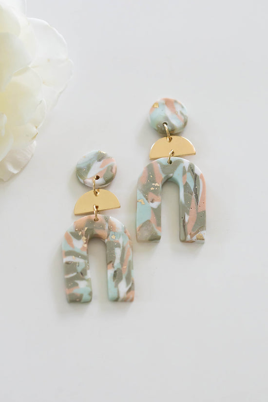 Load image into Gallery viewer, Shauna Pastel Clay Earrings | Art Deco Clay Arch Earrings | Mint and Blush Painted Clay
