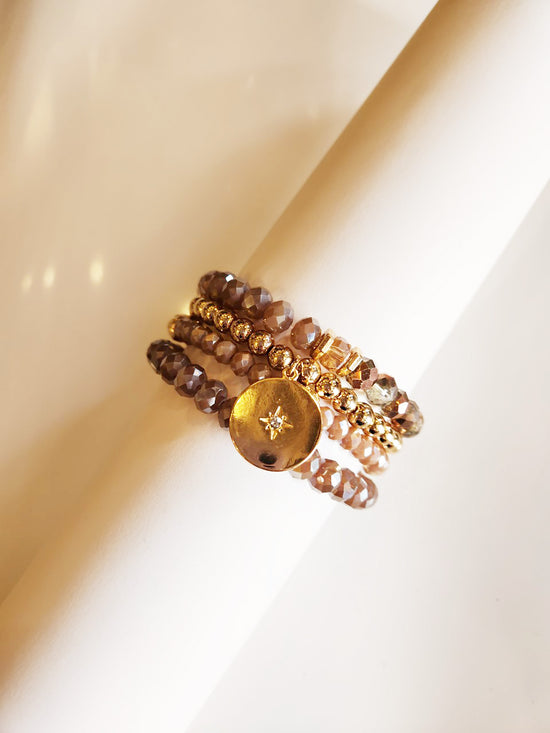 Load image into Gallery viewer, Sophia Mauve Crystal Bracelet Set | Blush Beaded Layering Bracelets | Gold Charm Detail
