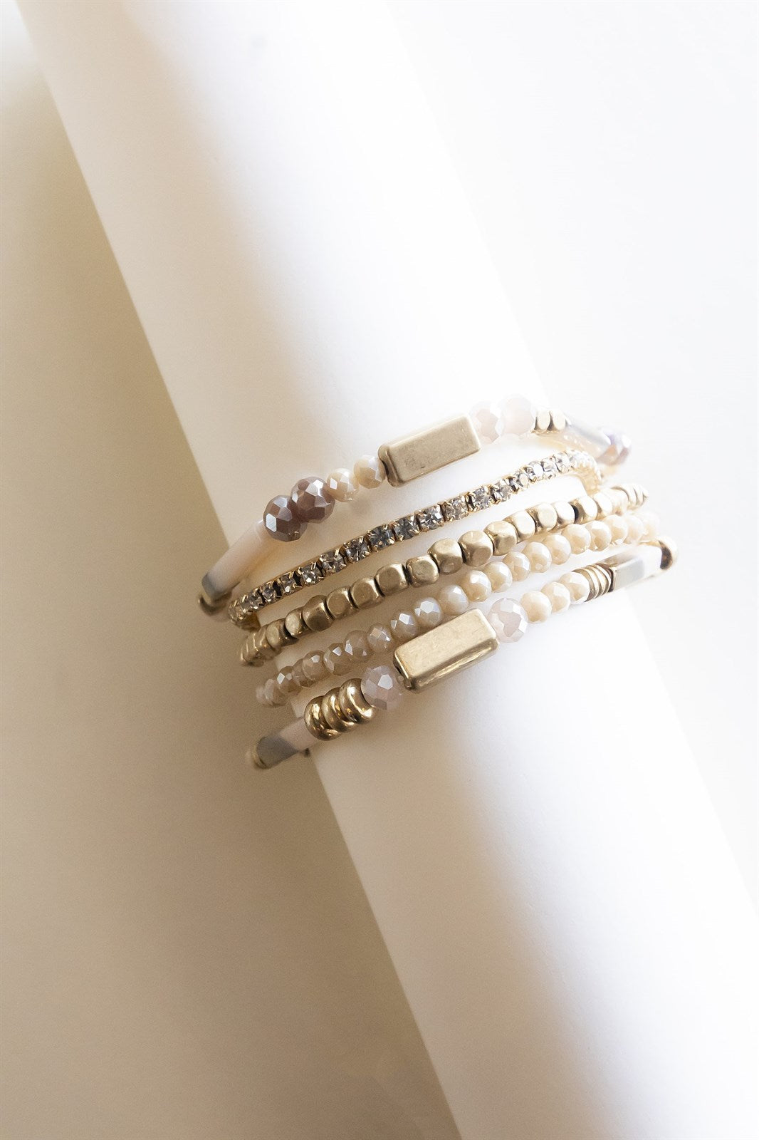 Tammy Cream Pearl Bracelet Set | Dainty Beaded Layering Bracelets | Neutral Pearl and Champagne Bracelet Set