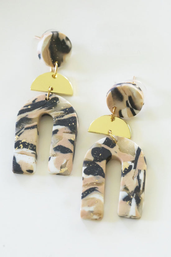 Ursula Neutral Art Deco Drop Earrings | Black Sand Painted Clay Arch Earrings | Minimalist Clay Drop Earrings