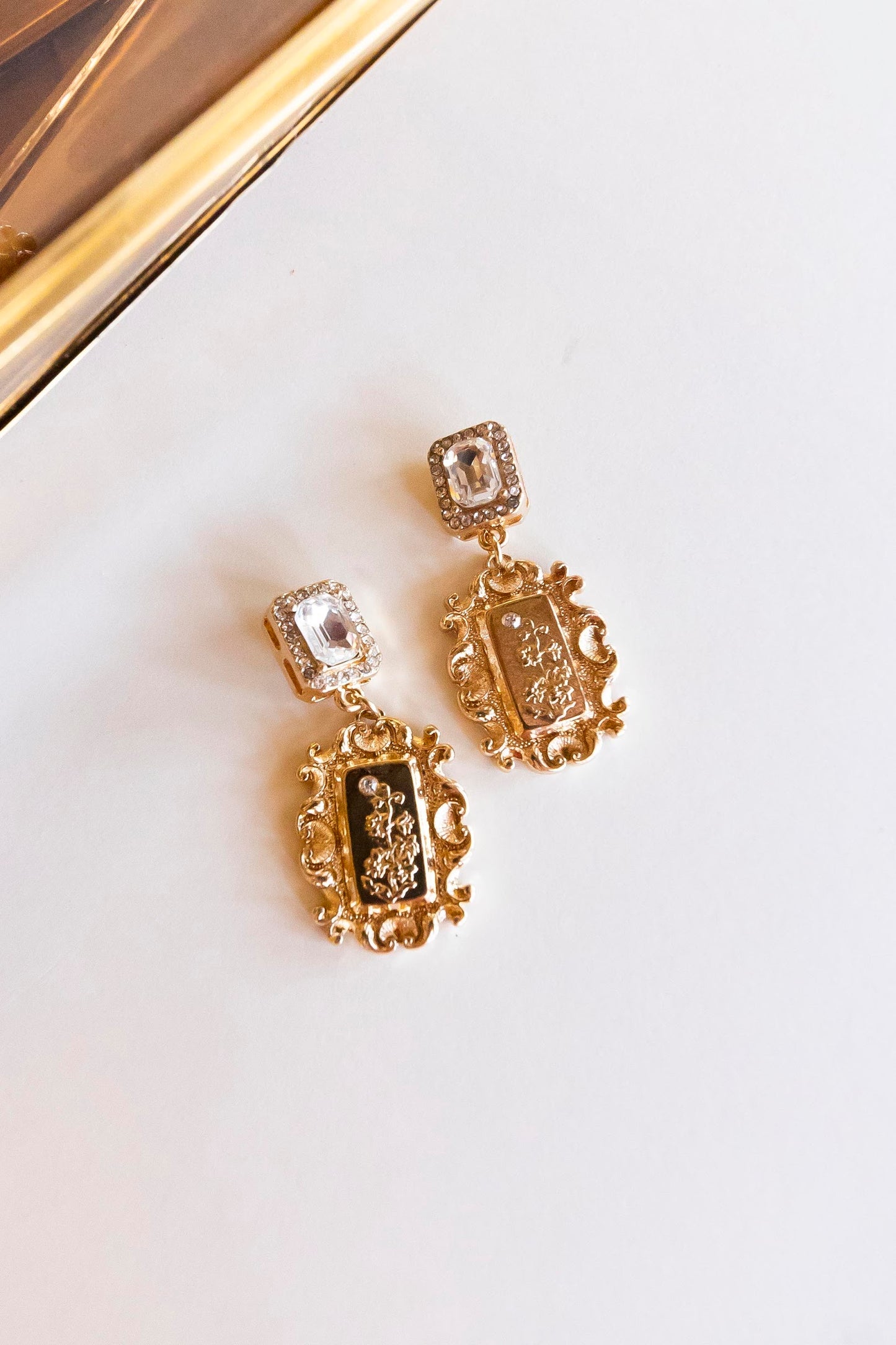 Victoria Ornate Gold Drop Earrings | Royal Ornate Gold Embossed with Clear Crystal Detail | Everyday and Special Occasion Earrings