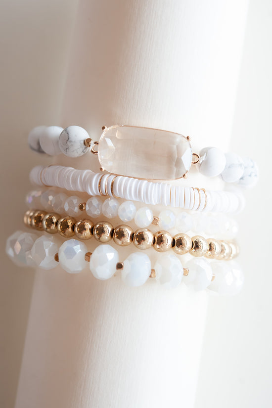 Wendy White Beaded Bracelet Set | Marble Clay and Crystal Beaded Bracelets | Neutral Spring Summer Layering Bracelet Stack
