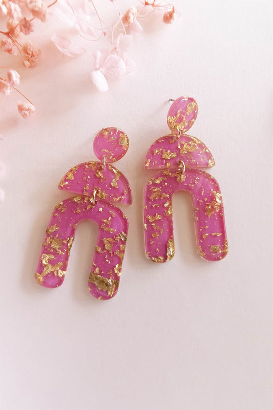 Load image into Gallery viewer, Whitney Gold Leaf Resin Earrings | Spring Pink Eclectic Artisan Earrings
