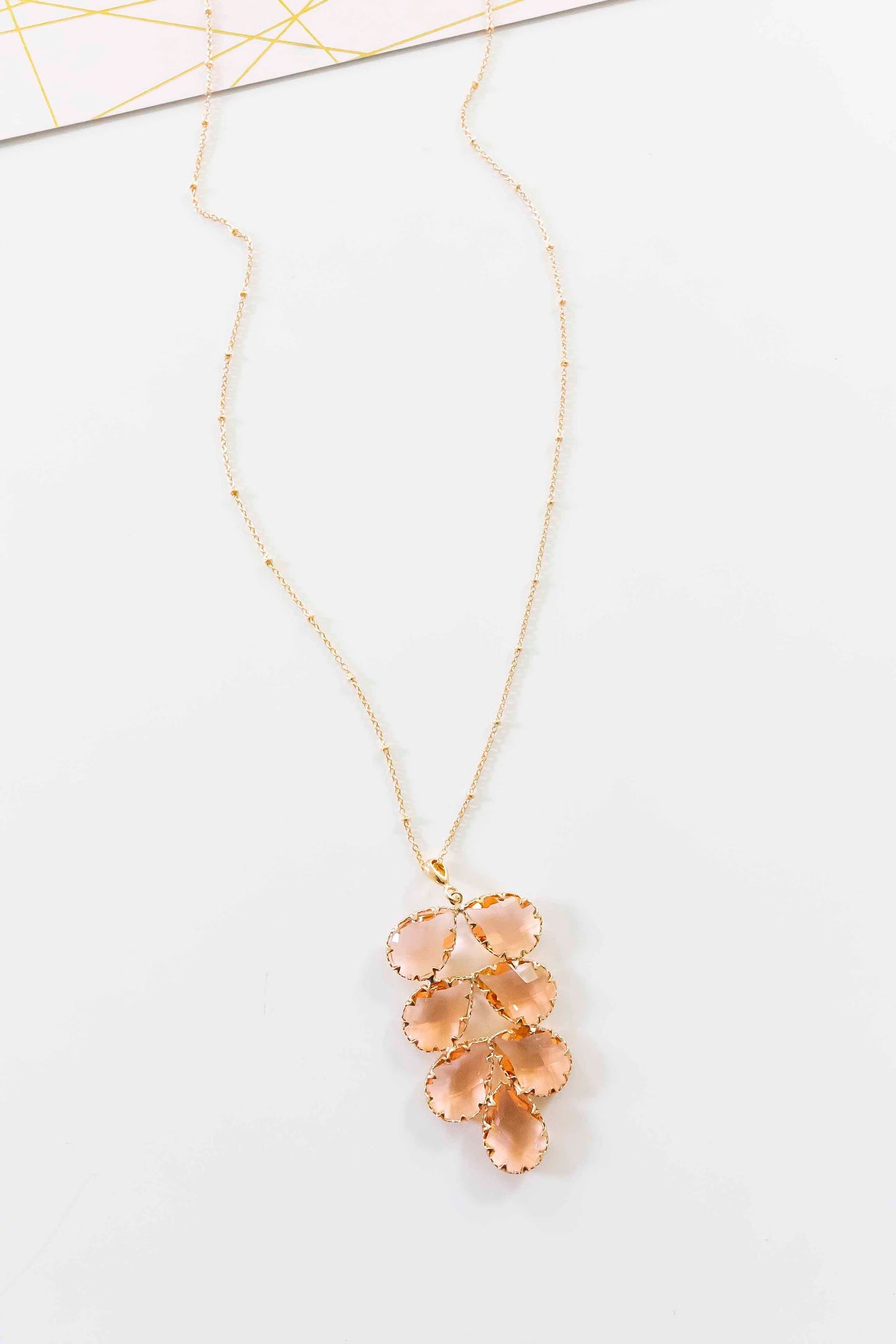 Zaney Blush Crystal Necklace | Long Pink Gemstone Necklace | Teardrop Crystal Fern Pendant | Romantic Feminine Accessories